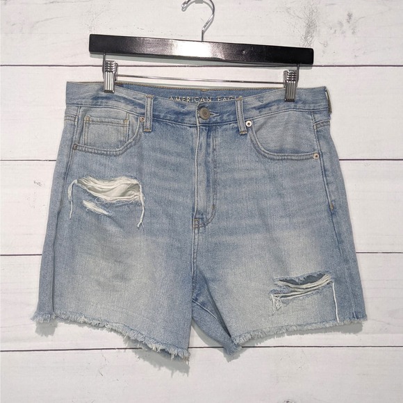 American Eagle High Rise Mid-Length Shorts Distressed Denim Blue Women's Size 10 - Picture 1 of 5